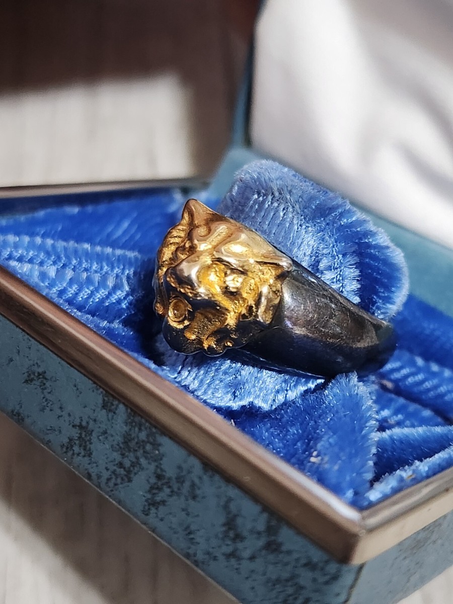 RARE DESIGNER Tom Binns LION HEAD Gold Two Toned VINTAGE Ring Size