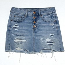 American Eagle Denim Mini Skirt Womens 4 Blue Distressed Button Fly Y2K Boho