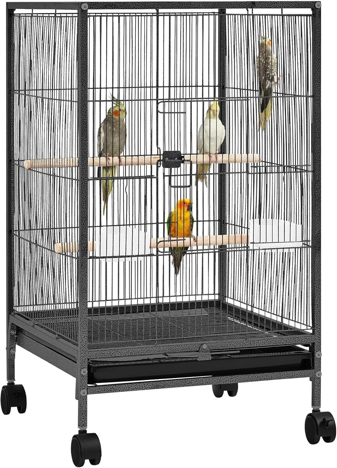 35 inch Wrought Iron Bird Cage w/Play Open Top and Rolling Stand for Small Birds