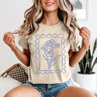 Blaue Blume Briefmarke Damen T-Shirt Floral Natur Geburtstag Geschenk für Sie