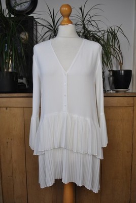 Zara Off White Plissee High-Low Tunika Top Gr. S Stufen V-Ausschnitt Langarm