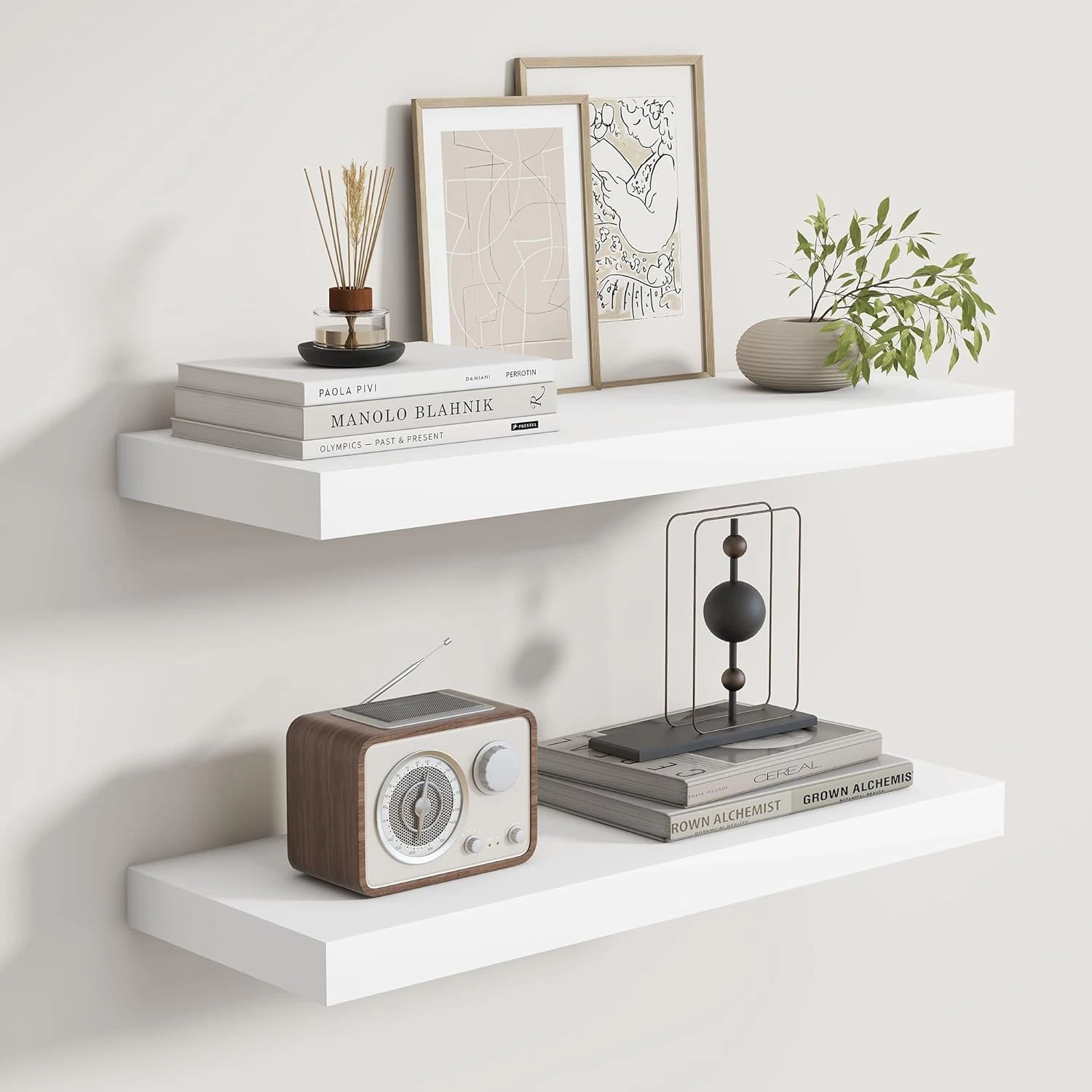 Rustic Solid Wood Floating Shelves, 24" Long, Set of 2, White Finish
