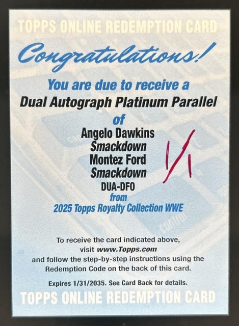 2025 Topps Royalty WWE Angelo Dawkins Montez Ford Auto Redemption Platinum #1/1