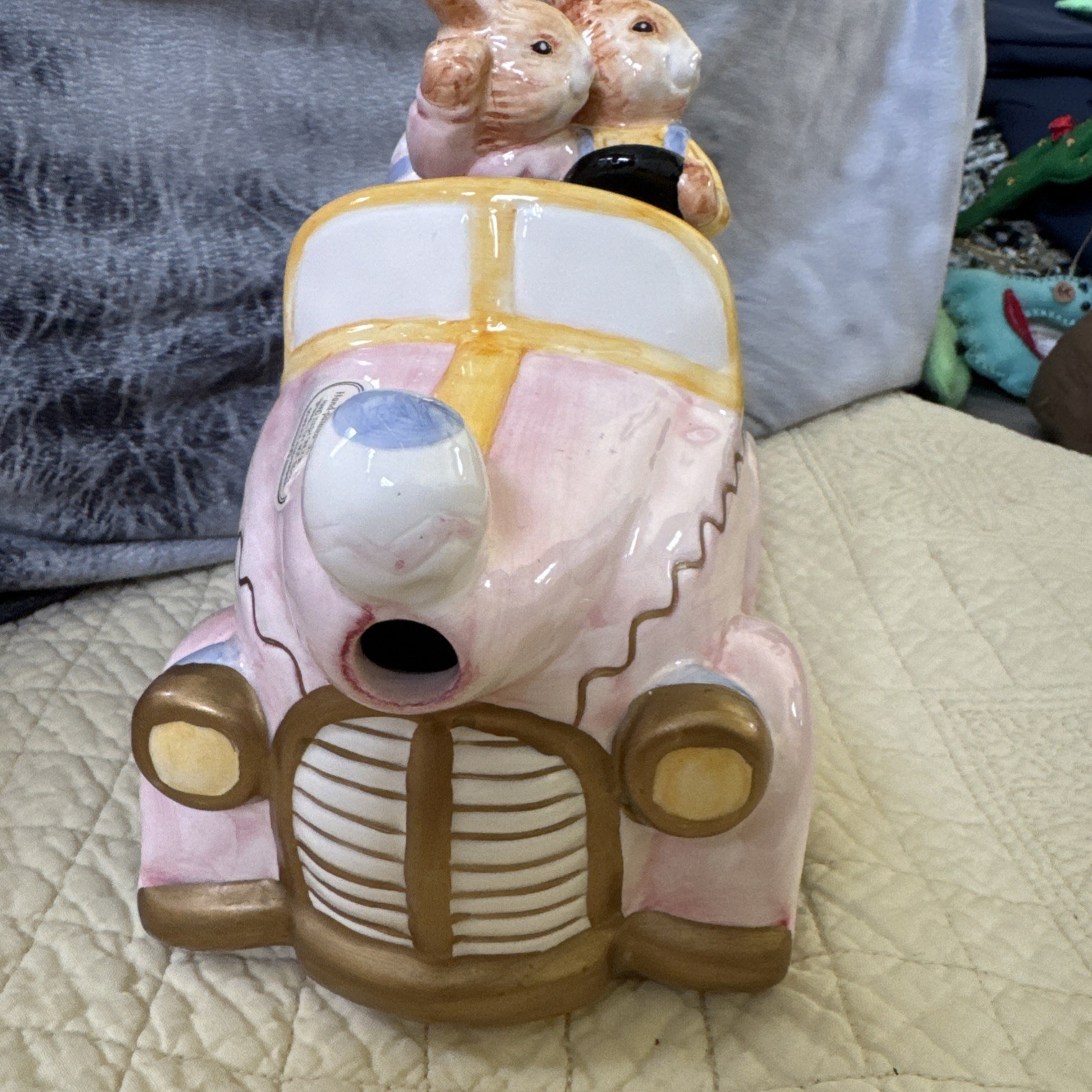 Vintage Fitz Omnibus Ceramic Easter Bunny Rabbit Car Figural Teapot