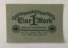 German Currency:  1922 Germany 1 Mark Loan Note - P# 61