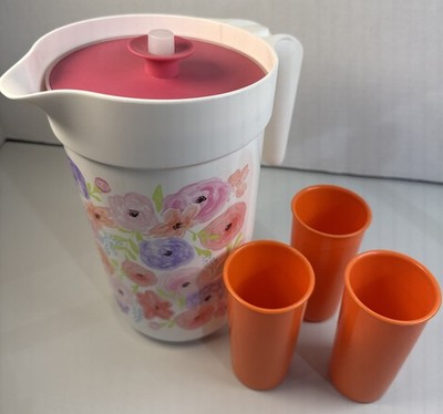 Tupperware Art of Spring Gallon Pitcher Floral Print No Infuser + 3 cups