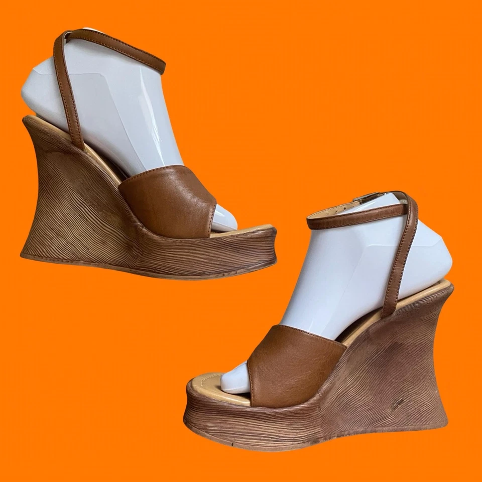 90's 00's vintage leather ankle strap wooden y2k wedge sandals heels EU 39 Aldo - Image 4 of 4