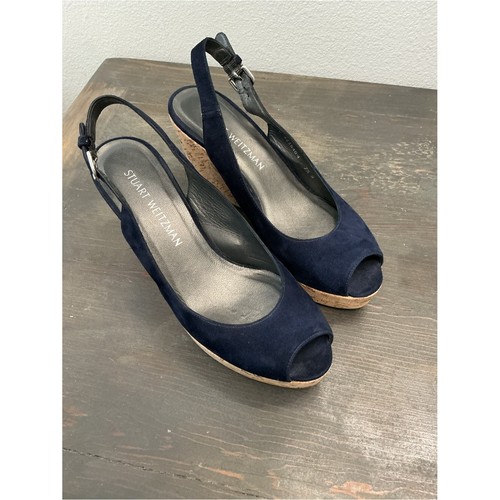 Stuart Weitzman Navy Suede Peep-Toe Cork Wedge Sandals Slingback Size 7.5