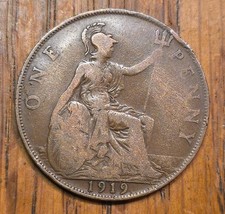 1919 United Kingdom One Penny King George V,  Seated Britannia 9.45g 30.8mm