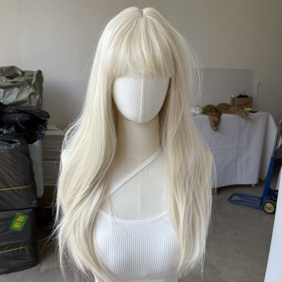 Long Straight Synthetic Hair Costume Wigs With Bangs Platinum blonde Women
