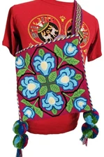 RARE Contemporary Huichol Textile Hand Embroidered Blue Flower Bag 