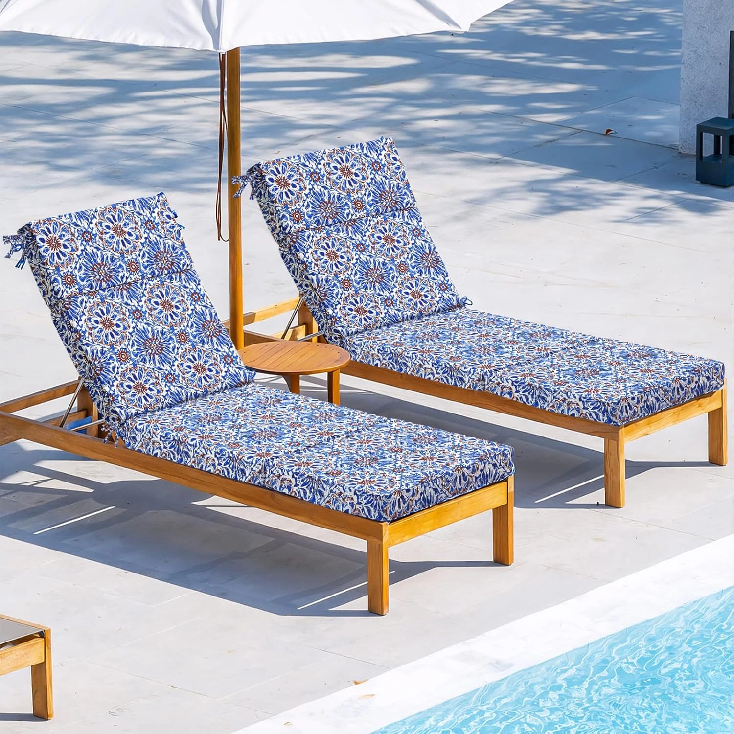Blue Moroccan Outdoor Chaise Lounge Cushions Set of 2, Water & Fade-Resistant