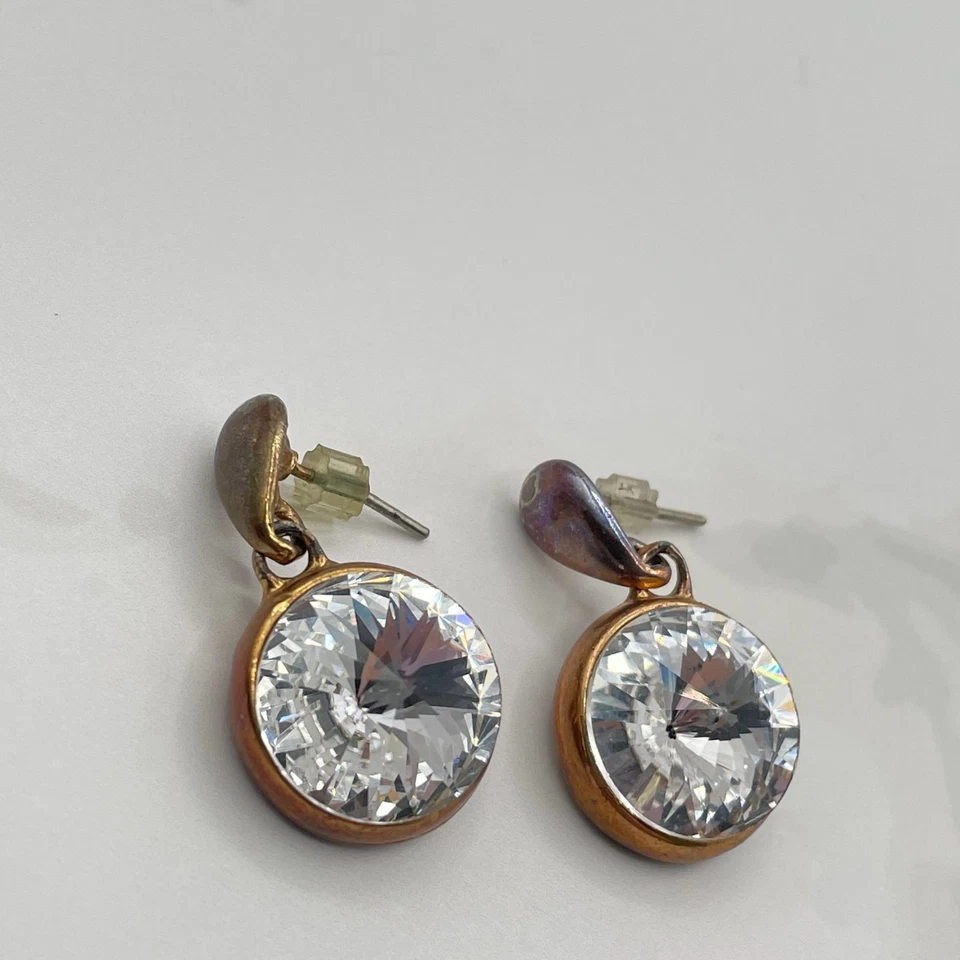 Vintage VTG Cubic Zirconia Drop Earrings Clear CZ Copper Patina Post Dangle 15mm - Image 2 of 4