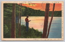 Vintage Linen Postcard Saylors Lake PA Fishing Man Sunset 1944 Postmark