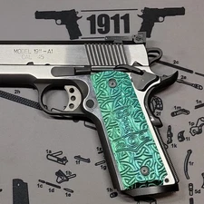 1911 Grips Full Size Ambi Safety Cut Thor's Mjolnir Rune Green/Blue