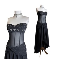 Vintage Black Corset Dress: Beaded Bust, Sheer Waist, Asymmetric Hem Gown