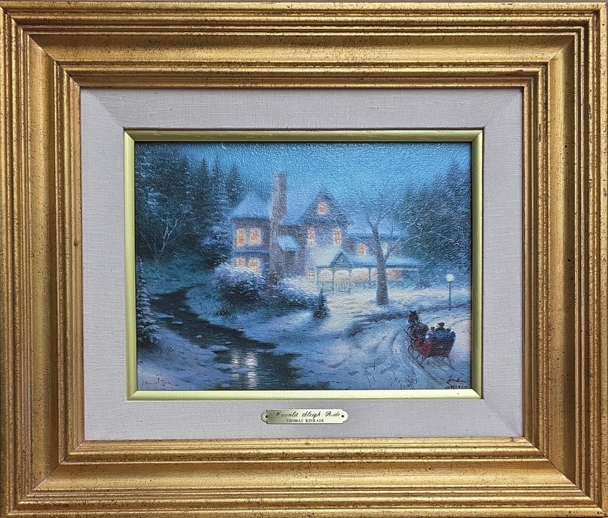 トーマス・キンケイド、Moonlight Sleigh Ride Thomas Kinkade Moonlit Sleigh Ride 9x12 S/N Oil on Canvas COA 1692