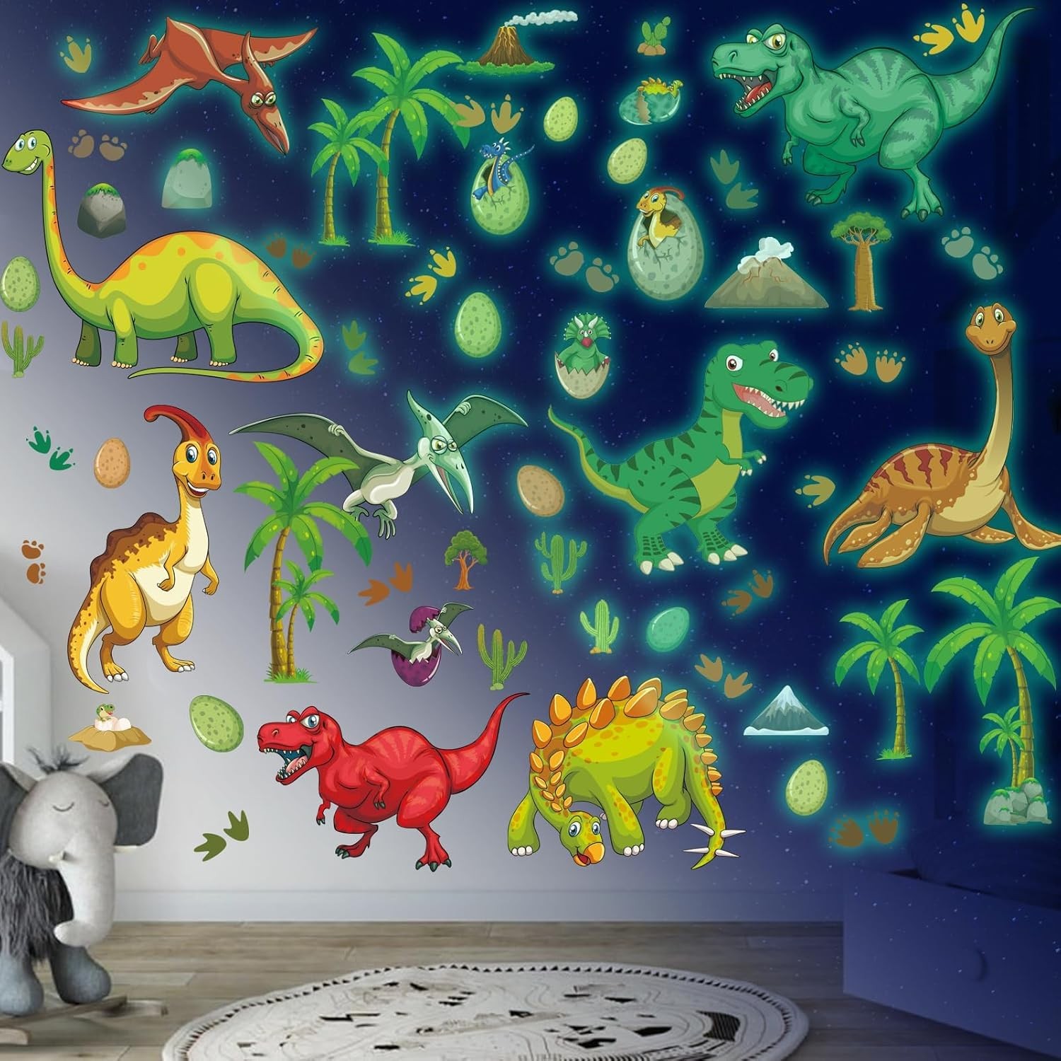 Stickers muraux enfant dinosaures fluorescents vert phosphorescent pour chambre lot de 50