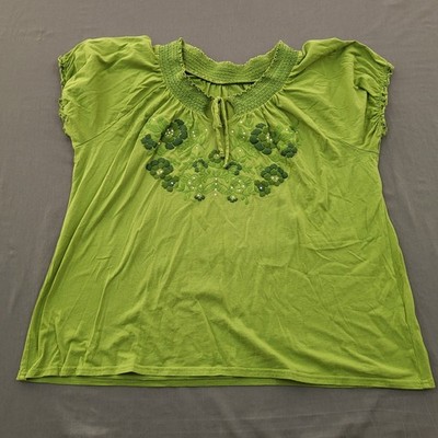 Basics Editions Blouse Womens XXL 2XL Short Puff Sleeve Beaded Flowers Green *