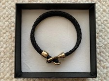 Nice Black Woven Braided Leather Bracelet Woven Metal Gold Tone Hook Latch