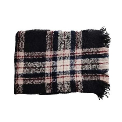 Francescas Plaid Scarf Boucle Black Red White Blue Fringe One Size Polyester