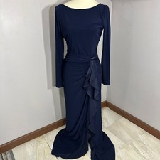 NWT Ralph Lauren Navy Blue Long Sleeve Maxi Evening Gown Dress Sz 8 Silk Jersey
