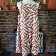 Vintage Rayon Linen Zebra Tiger Stripe Sundress Brown White Medium Side Pockets