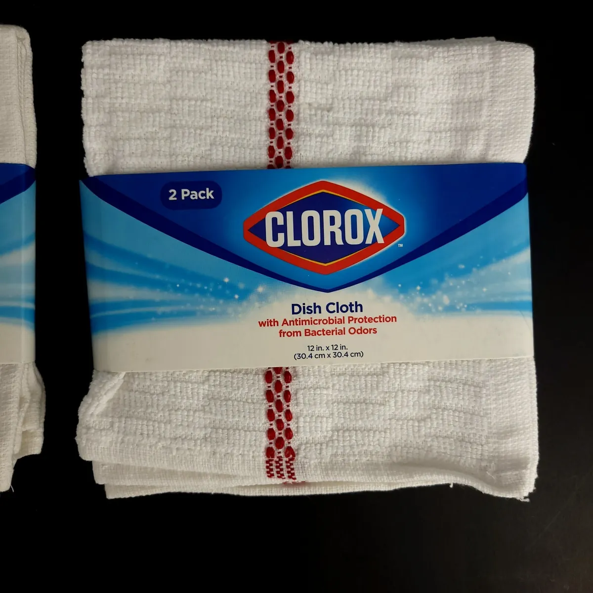 (Lot of 2) Clorox Dish Cloth White Red Stripe Antimicrobial Protection  12x12