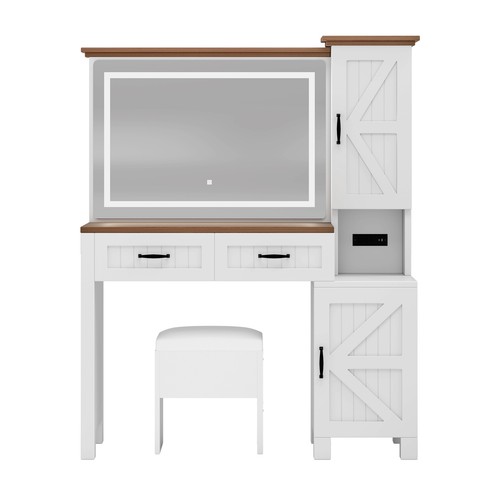 Vanity Desk Makeup Table Cabinet LED Lighted Mirror w/ Drawer Shelf & Power Hub - Picture 8 of 10