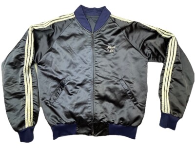 Vintage Satin Bomber Jacket Paul D Mens XL 80s 90s Navy Blue Stripes **READ