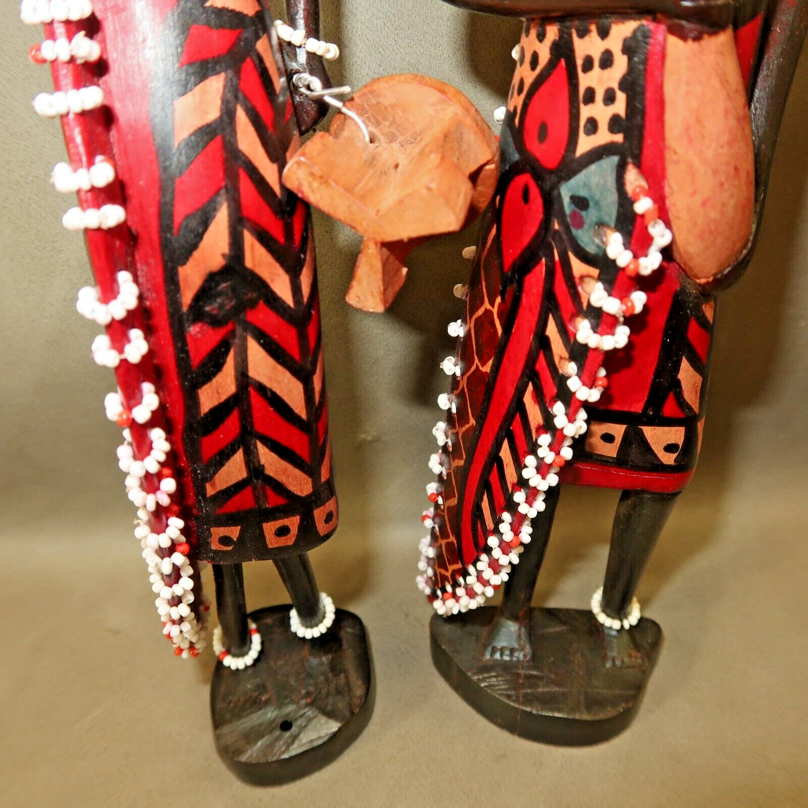 PAIR of Maasai African Mahogany Wood Woman and Man Beaded Figures Carved 12"