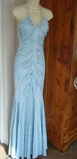 Blondie Nites sz 1 Ice Light Blue Damask Rhinestone Halter Mermaid Dress Gown