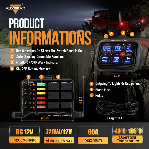 AUXBEAM 6 Gang Lights Pods Control Switch Panel For ATV Boat Truck UTV - Picture 5 of 12