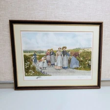 "Berry Pickers" by Jennie Brownscombe Colored Aquatint Etching Framed 39"x30"