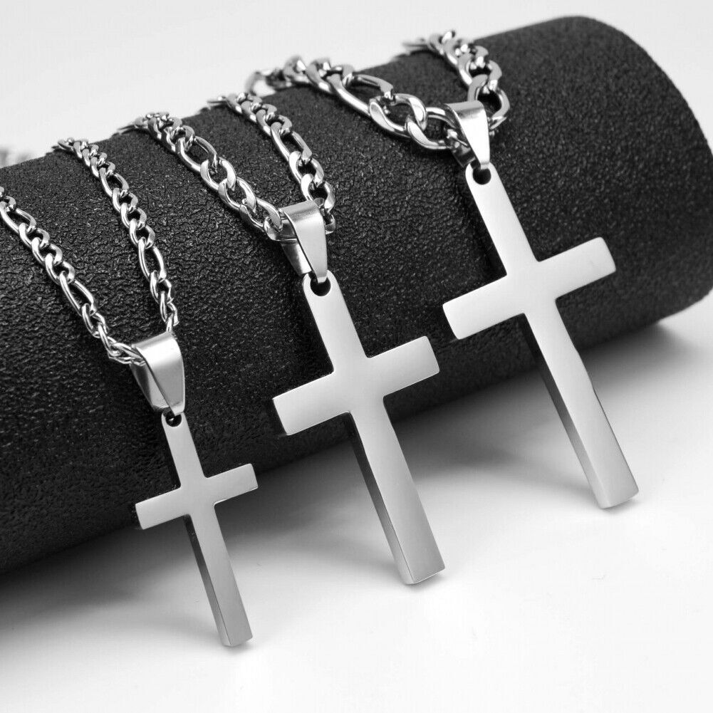 Men Women Cross Necklace Boy Silver Stainless Steel Pendant Figaro Chain Gfit