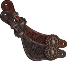 Showman Ladies Argentina Cow Leather Floral Tool Spur Straps w/ Copper Conchos