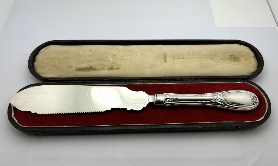 Coin Silver Wedding Cake Knife With Pheasant Albert Coles In Box 1850's