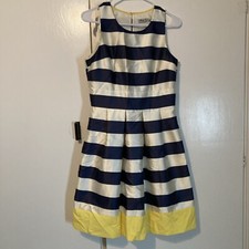 Eliza J Blue White Yellow Stripe Sleeveless Fit Flare Knee Length Dress Size 4