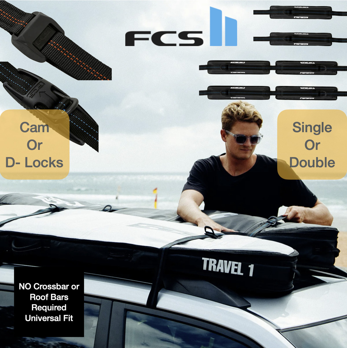 FCS Soft Rack Surfboard SUP Carrier Single Double, D-Ring