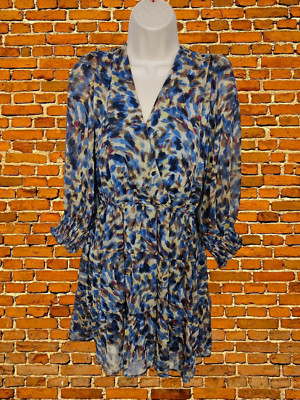 BNWT WOMENS GRACE & MILA SIZE UK SMALL NAVY BLUE MIX WRAP LONG SLEEVE MINI DRESS
