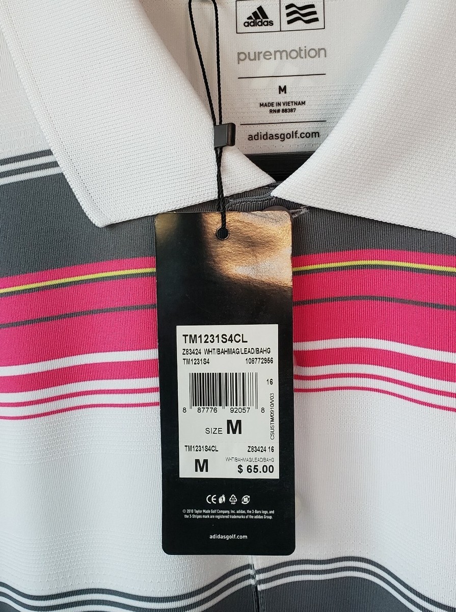 『ユウ』 Men's Adidas Golf Polo Shirt Medium Puremotion Striped Pink Gray