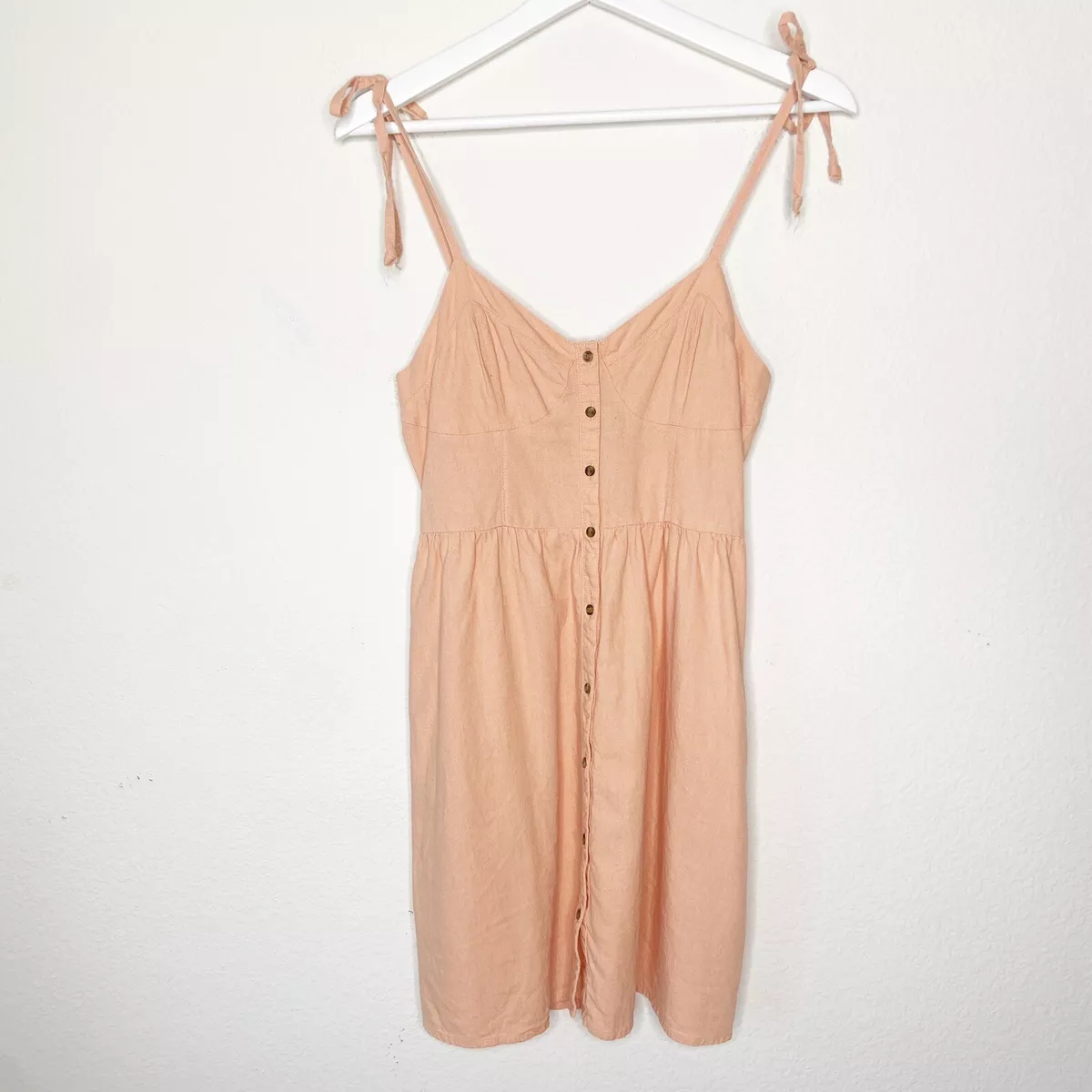 aerie Linen Smocked Back Tie Spaghetti Strap Faux Button Down Peach Dress S