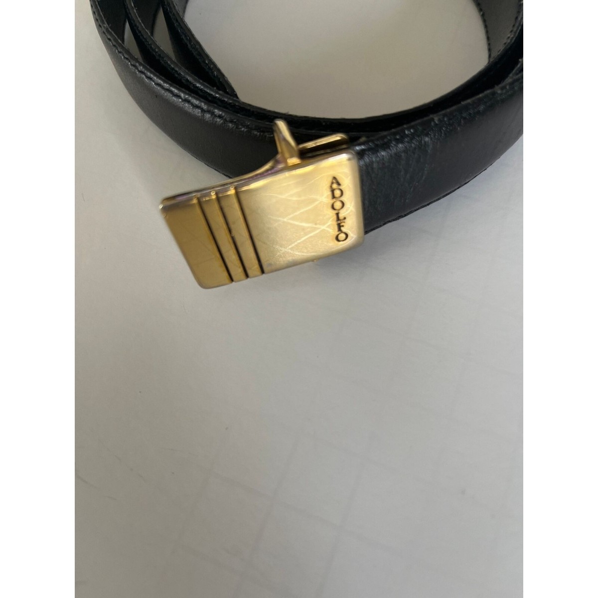 Vintage Adolfo Black Leather Thin Belt Gold Tone Buckle With  display picture 1