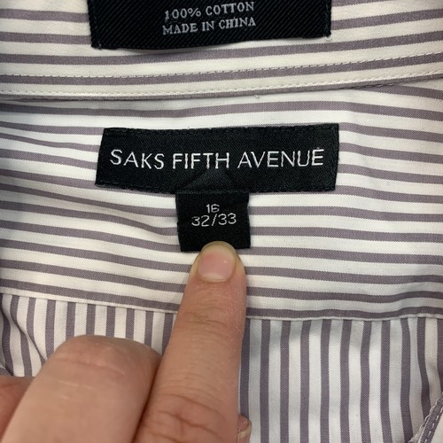 Saks Fifth Avenue Dress Shirt Mens 16 White/Gray Striped Cotton Collar Button Up - Picture 8 of 9