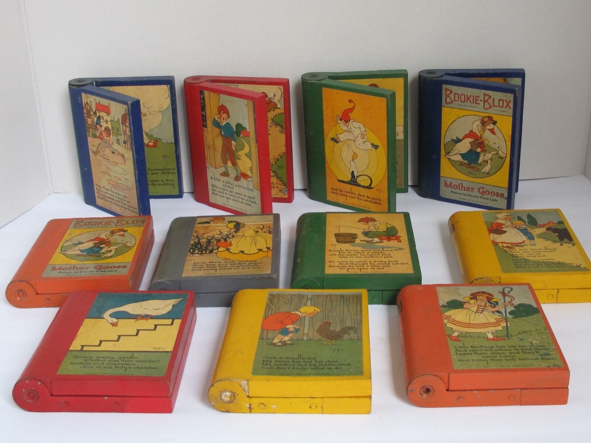 11 Antique Mother Goose Bookie-Blox Wood Paper Litho Book Set