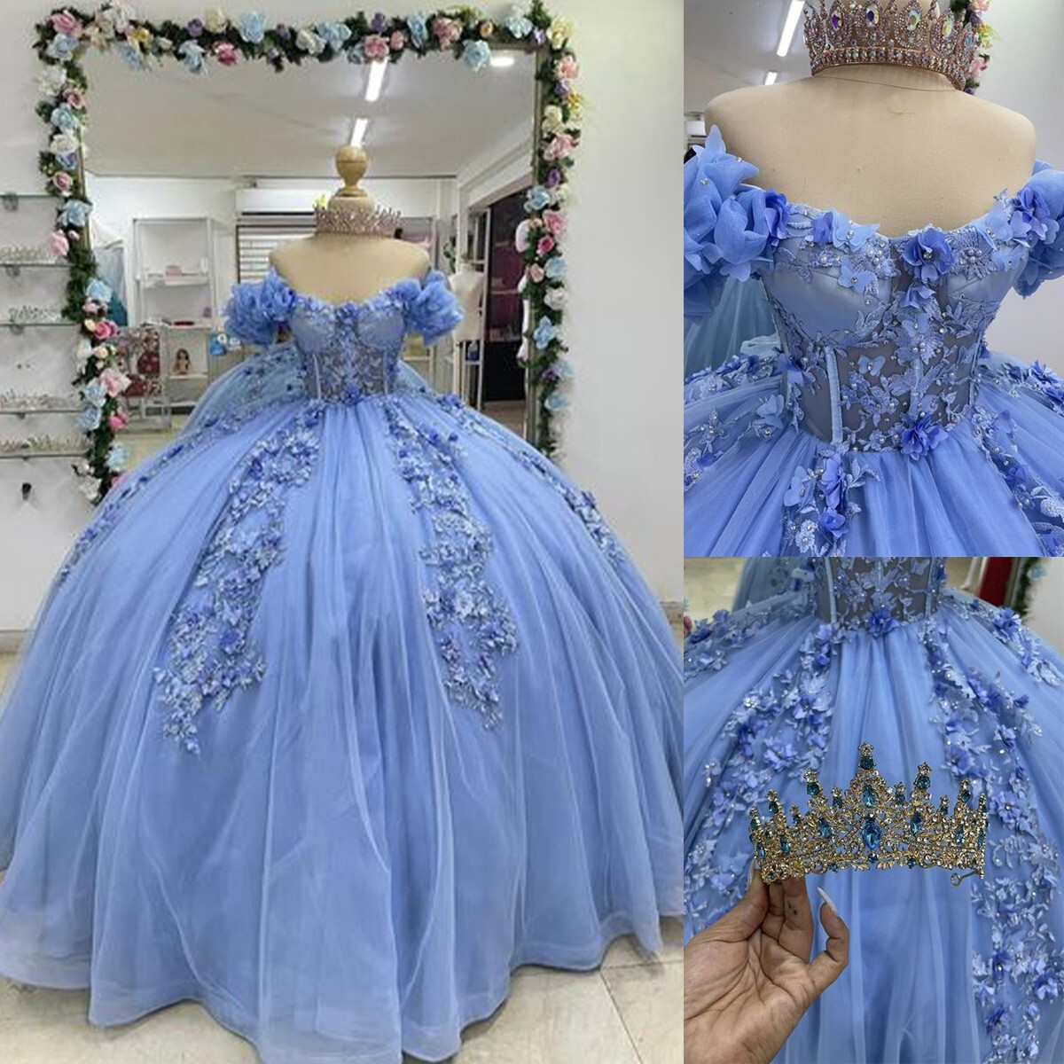 Light Blue Princess Quinceanera Dresses Lace Flowers Sweet 15 16