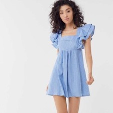 Urban Outfitters Blue White Striped Ruffled Tie Back Casual Boho Babydoll Dress
