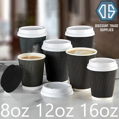 Black Triple Wall Disposable Coffee Cups – 8oz & 12oz Ripple Takeaway Cups (UK Made)