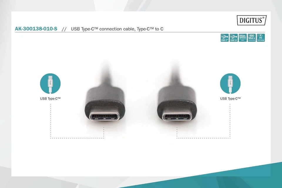DIGITUS USB 2.0 Anschlusskabel - 1.0 m - USB C (St) zu USB C (St) - 480 Mbit/s - - Bild 3 von 4