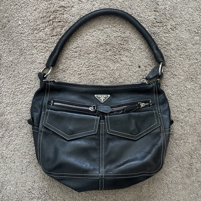 PRADA Women s Black Shoulder Bag, Zip Closure, Silver Hardware, Inner Pockets